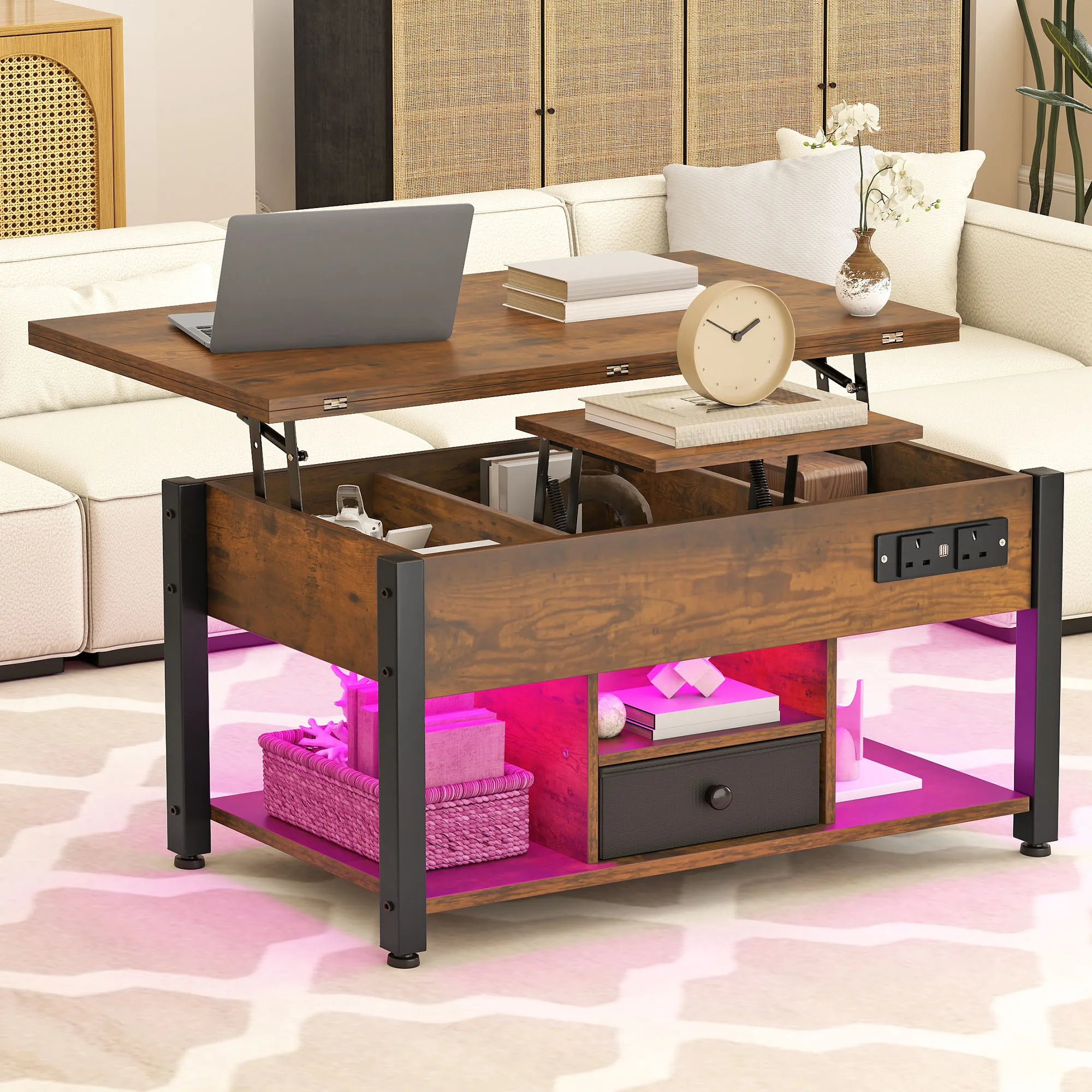 YITAHOME Rustic Brown 4-in-1 Lift-Top Coffee Table - Foldable w/Drawer, Type-G Outlets & LED Lights for Living/Dining Room