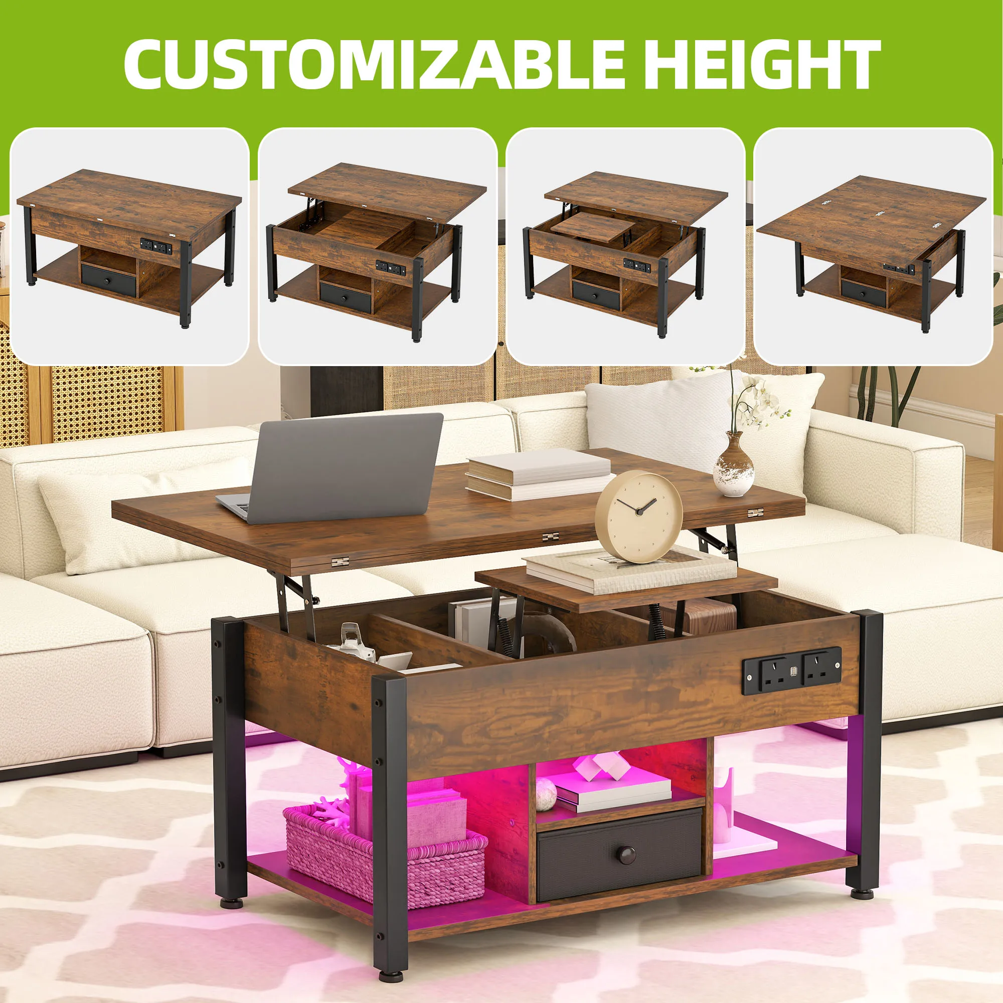YITAHOME Rustic Brown 4-in-1 Lift-Top Coffee Table - Foldable w/Drawer, Type-G Outlets & LED Lights for Living/Dining Room
