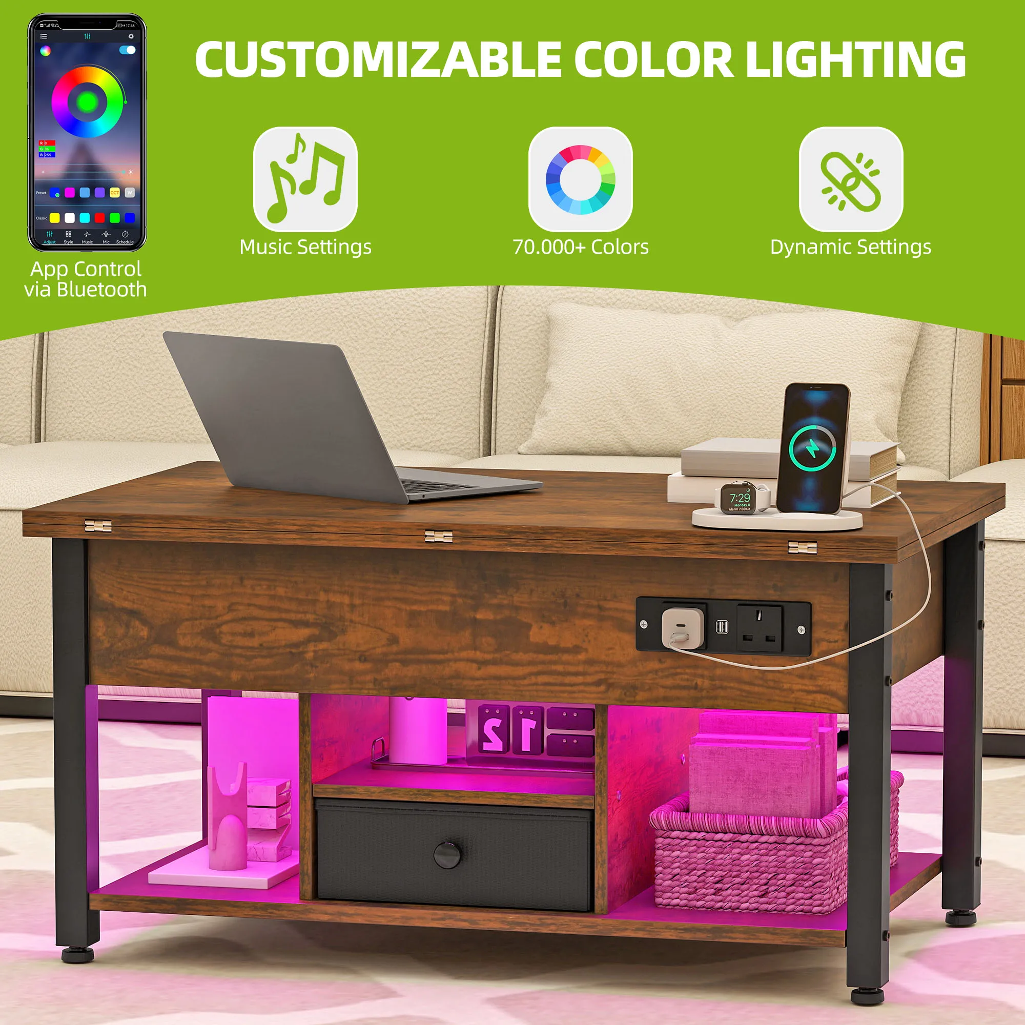YITAHOME Rustic Brown 4-in-1 Lift-Top Coffee Table - Foldable w/Drawer, Type-G Outlets & LED Lights for Living/Dining Room