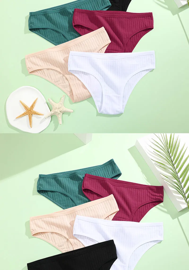 4PCS/SET Women's Cotton Panties Sexy Soft Striped Underpants 12 Solid Color Briefs Female Comfortable Stretch Lingerie M-XL