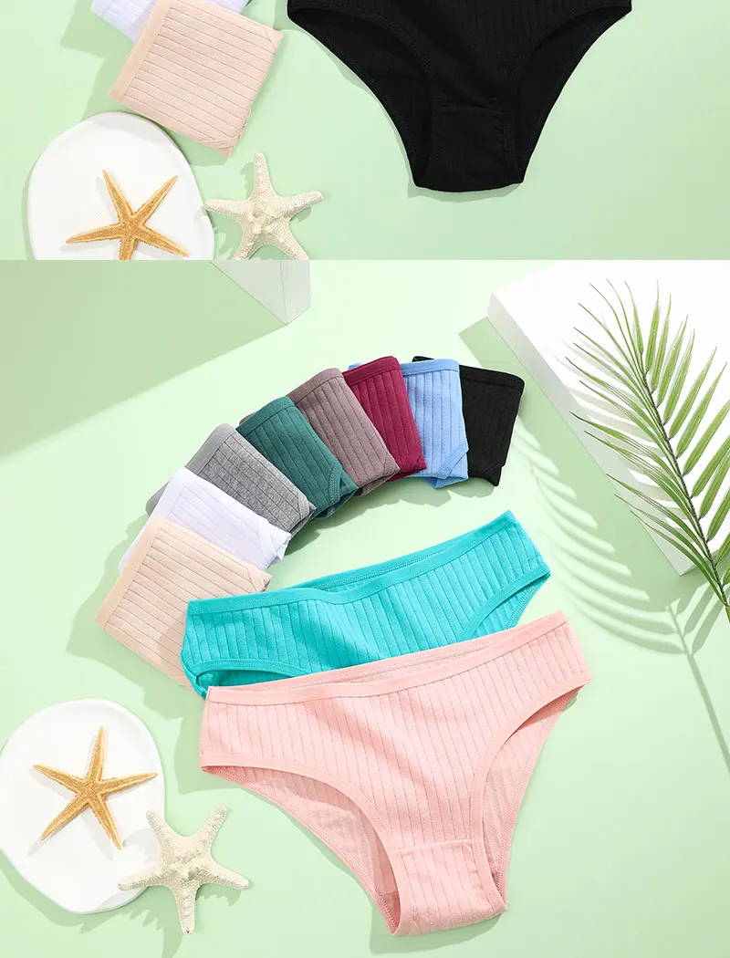 4PCS/SET Women's Cotton Panties Sexy Soft Striped Underpants 12 Solid Color Briefs Female Comfortable Stretch Lingerie M-XL