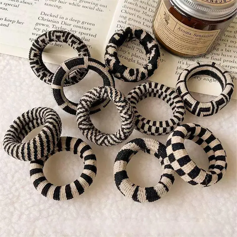 Black And White Striped Thick Hair Tie - High Elasticity Seamless Hair Rope, Simple And Versatile Women'S Hair Accessory