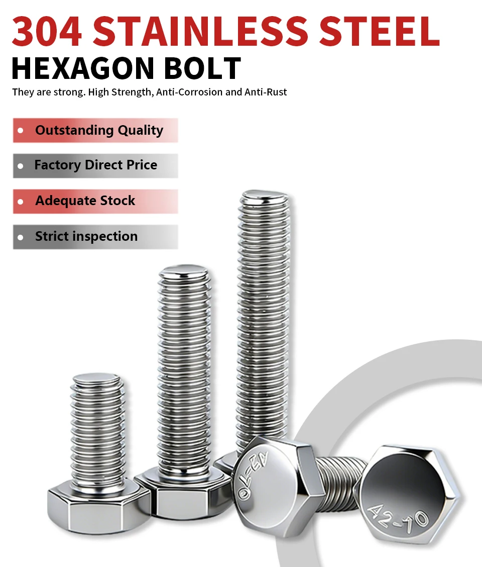 304 Stainless Steel A2-70 DIN933 Hexagon Head Bolts Full Thread Metric Fasteners M3 M4 M5 M6 M8 M10 M12