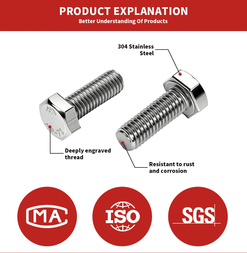 304 Stainless Steel A2-70 DIN933 Hexagon Head Bolts Full Thread Metric Fasteners M3 M4 M5 M6 M8 M10 M12