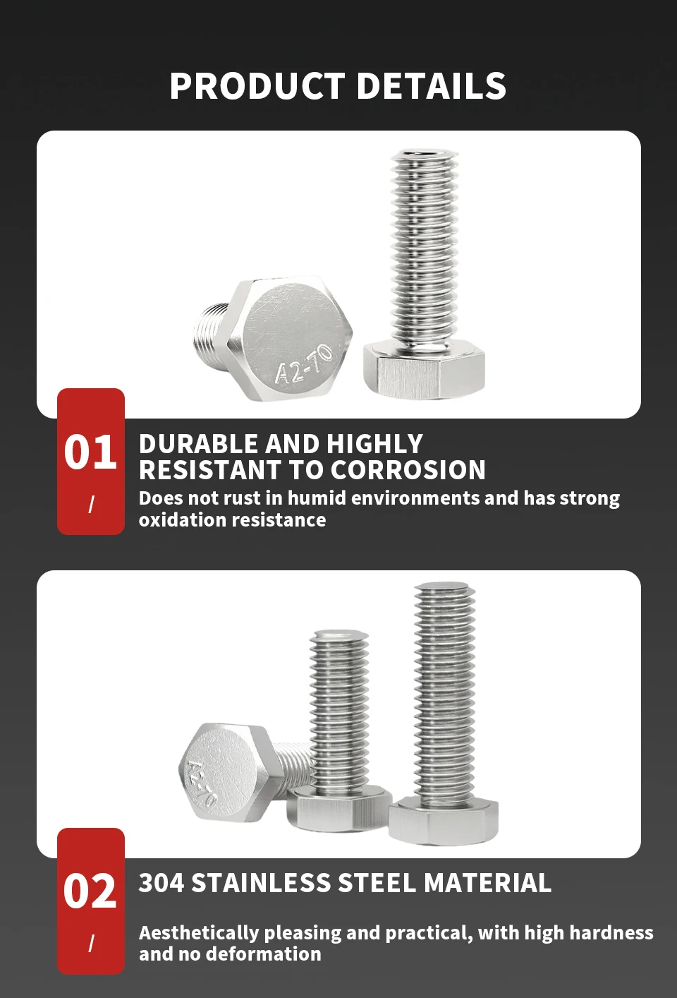 304 Stainless Steel A2-70 DIN933 Hexagon Head Bolts Full Thread Metric Fasteners M3 M4 M5 M6 M8 M10 M12