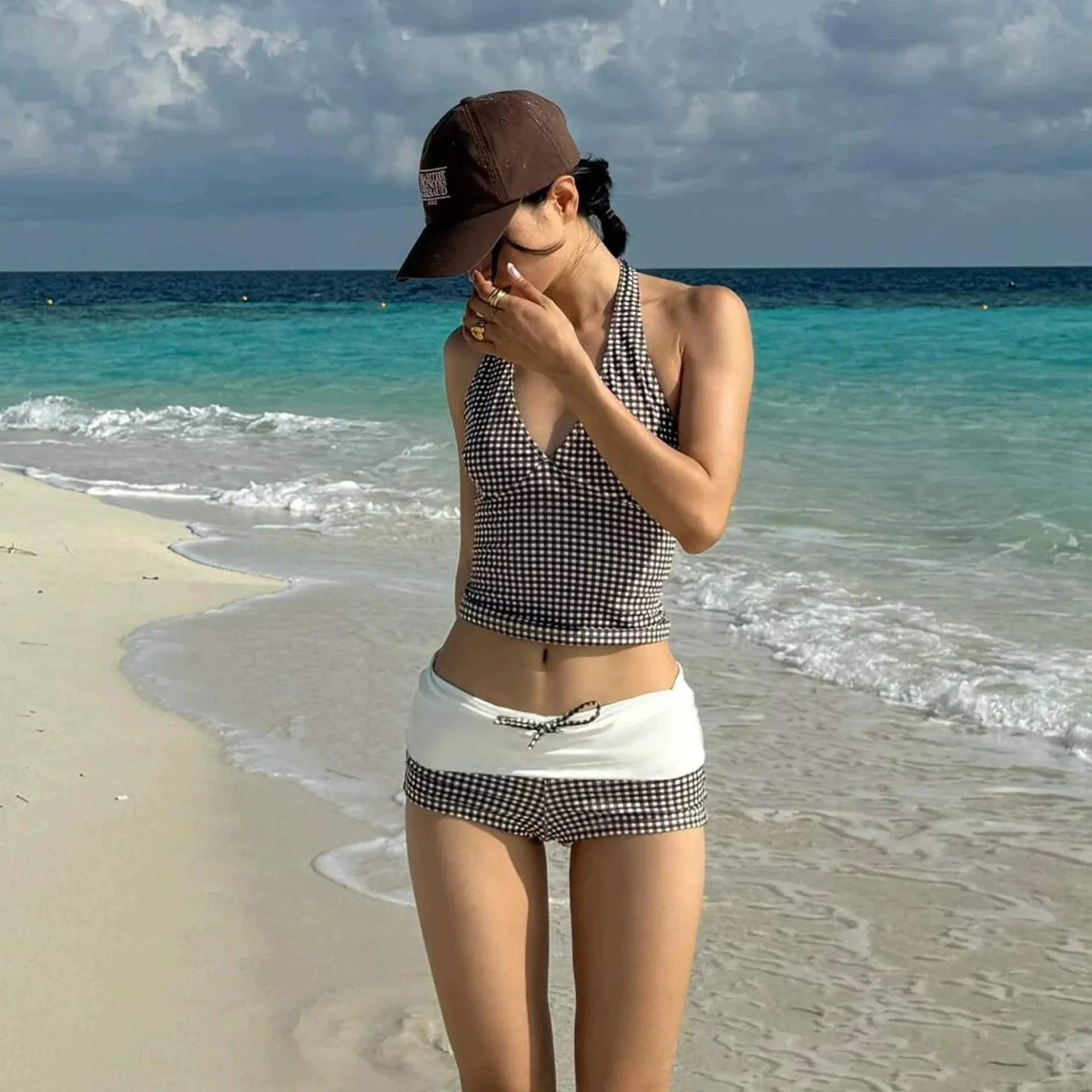 Sexy V-neck Small Chest Gathered To Cover The Belly Exposed Back Fashionable Checkered Flat Angle Pants Split Swimsuit for Women
