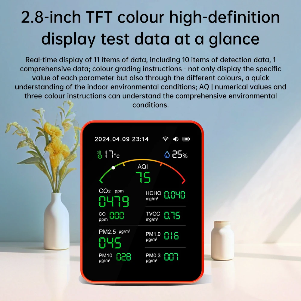 Multifunctional Digital Air Quality Monitor CO2 CO TVOC HCHO PM Meter Digital Temperature Humidity Tester Home Air Detector