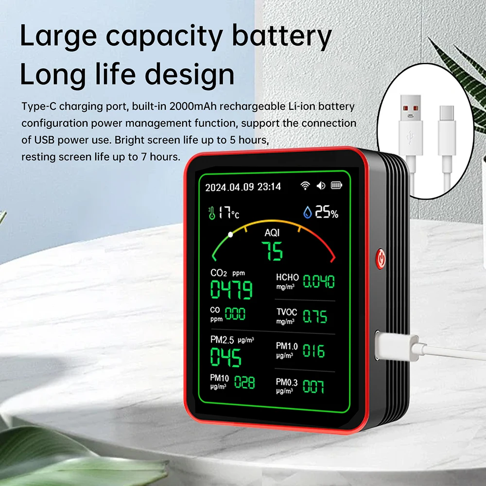 Multifunctional Digital Air Quality Monitor CO2 CO TVOC HCHO PM Meter Digital Temperature Humidity Tester Home Air Detector