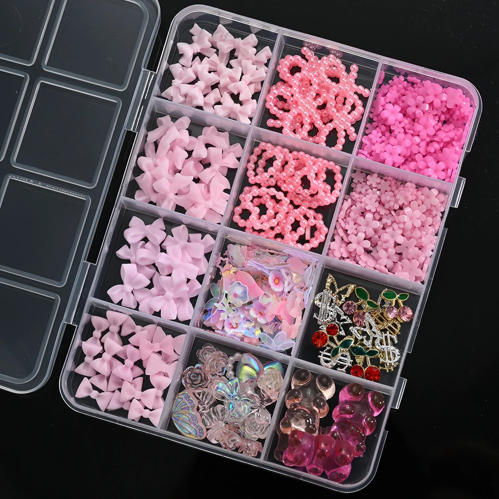 12Grids 3D Bow Nail Art Charms Kit Multicolor Bowknots Flowers Bear Charm Trendy Nail Supplies for Salon DIY Manicure Accessorie