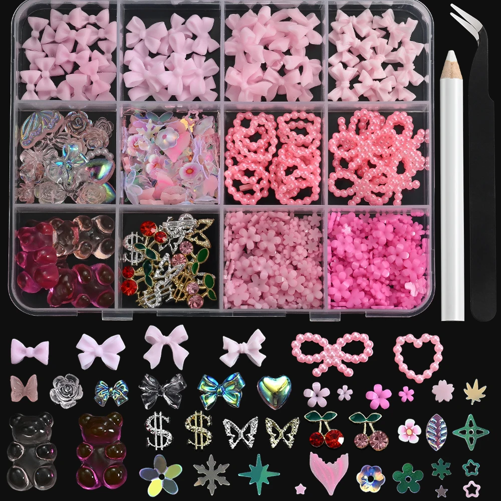 12Grids 3D Bow Nail Art Charms Kit Multicolor Bowknots Flowers Bear Charm Trendy Nail Supplies for Salon DIY Manicure Accessorie