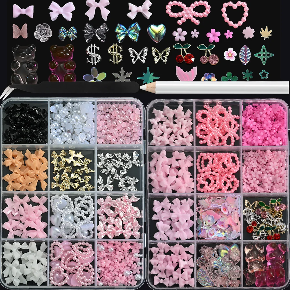 12Grids 3D Bow Nail Art Charms Kit Multicolor Bowknots Flowers Bear Charm Trendy Nail Supplies for Salon DIY Manicure Accessorie