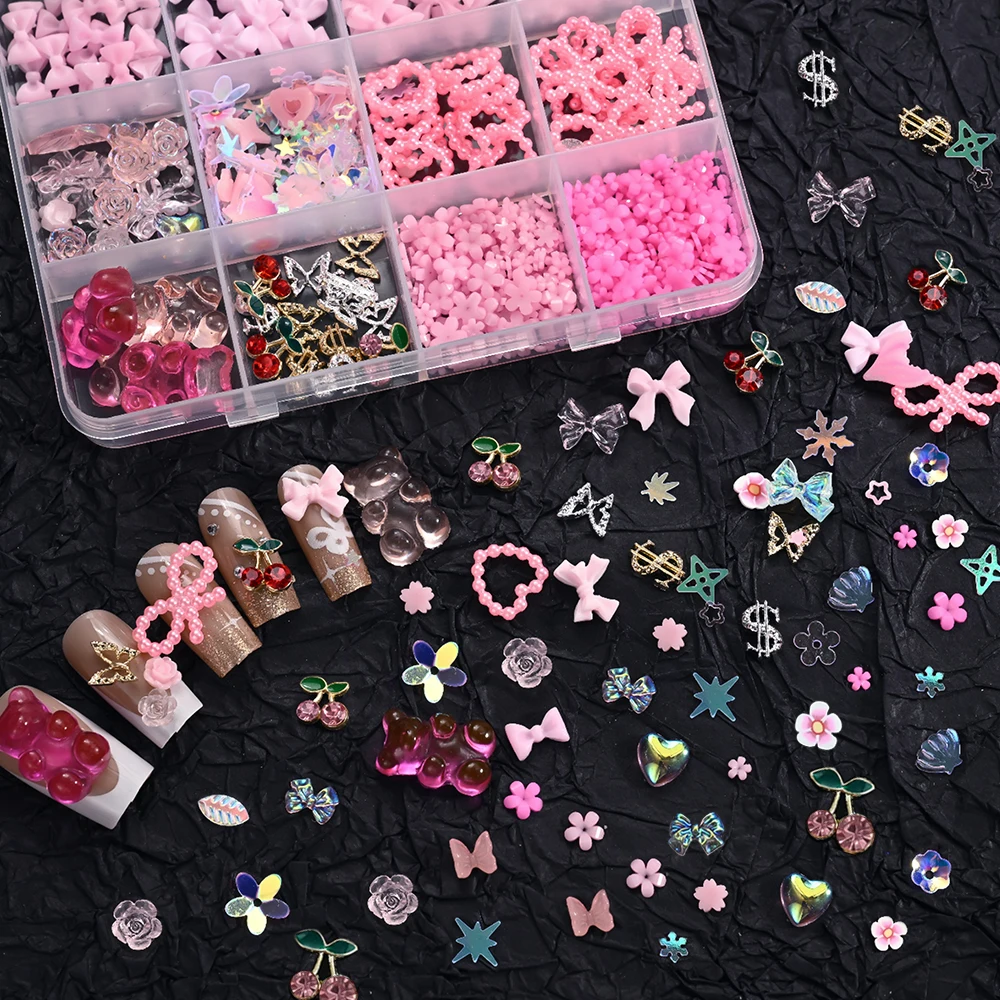 12Grids 3D Bow Nail Art Charms Kit Multicolor Bowknots Flowers Bear Charm Trendy Nail Supplies for Salon DIY Manicure Accessorie