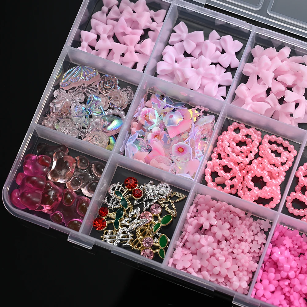 12Grids 3D Bow Nail Art Charms Kit Multicolor Bowknots Flowers Bear Charm Trendy Nail Supplies for Salon DIY Manicure Accessorie