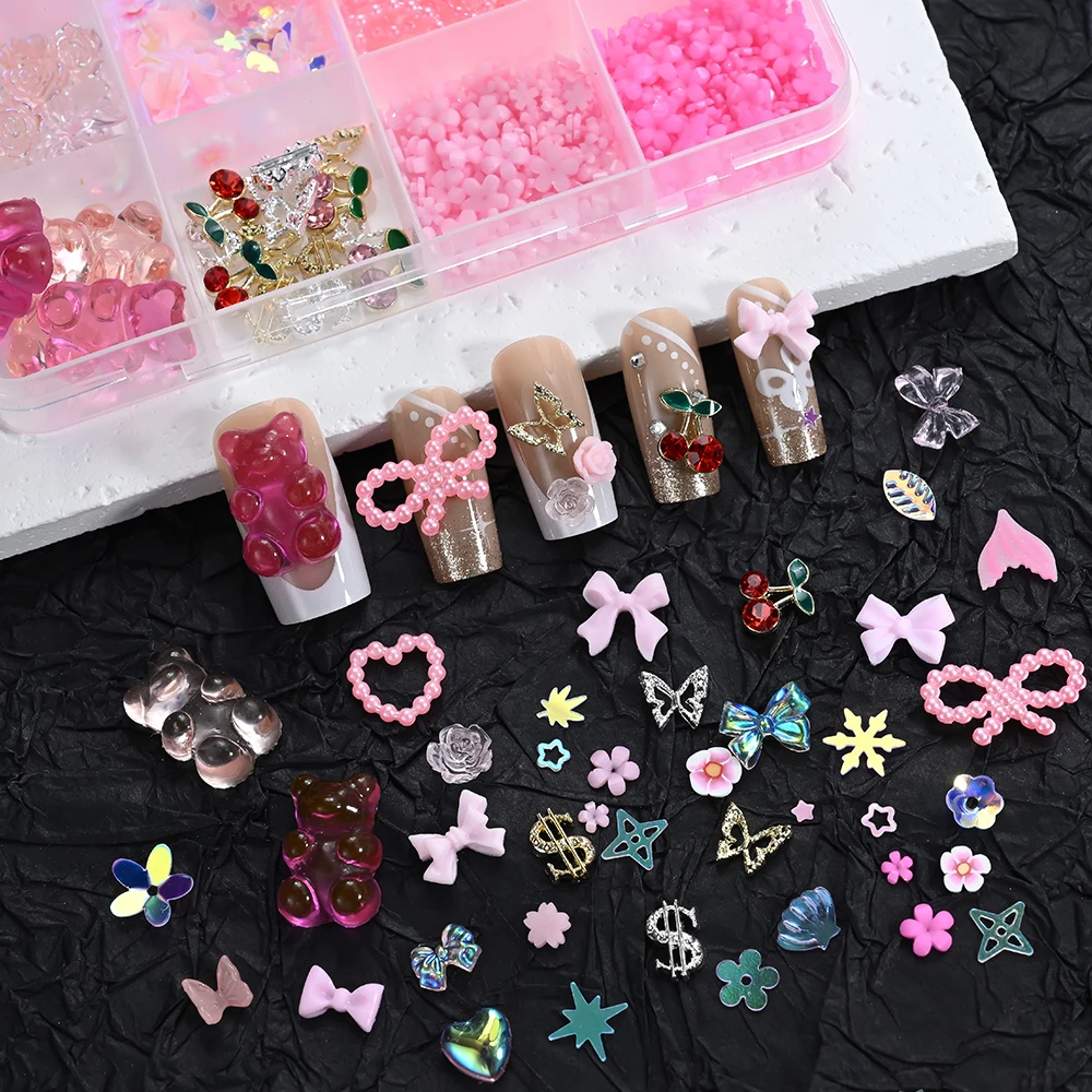 12Grids 3D Bow Nail Art Charms Kit Multicolor Bowknots Flowers Bear Charm Trendy Nail Supplies for Salon DIY Manicure Accessorie