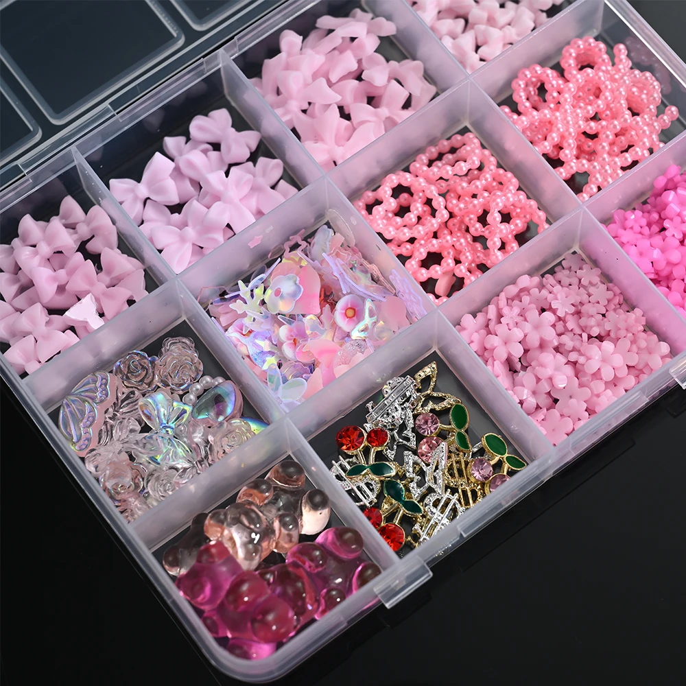 12Grids 3D Bow Nail Art Charms Kit Multicolor Bowknots Flowers Bear Charm Trendy Nail Supplies for Salon DIY Manicure Accessorie
