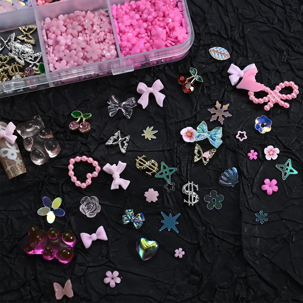 12Grids 3D Bow Nail Art Charms Kit Multicolor Bowknots Flowers Bear Charm Trendy Nail Supplies for Salon DIY Manicure Accessorie