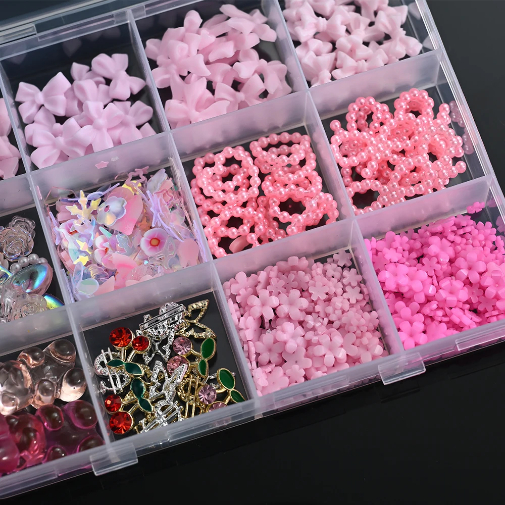 12Grids 3D Bow Nail Art Charms Kit Multicolor Bowknots Flowers Bear Charm Trendy Nail Supplies for Salon DIY Manicure Accessorie