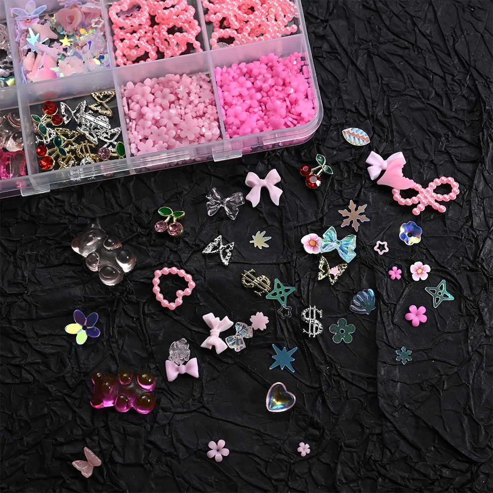 12Grids 3D Bow Nail Art Charms Kit Multicolor Bowknots Flowers Bear Charm Trendy Nail Supplies for Salon DIY Manicure Accessorie