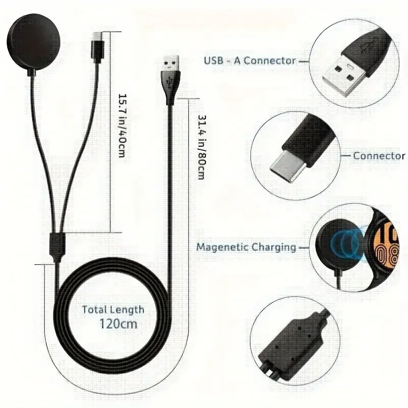 2-in-1 Charger for Samsung Galaxy Watch 7/6/5/5 Pro USB-C Smartwatch and Smartphone Charger Replacement Charging Base Cable