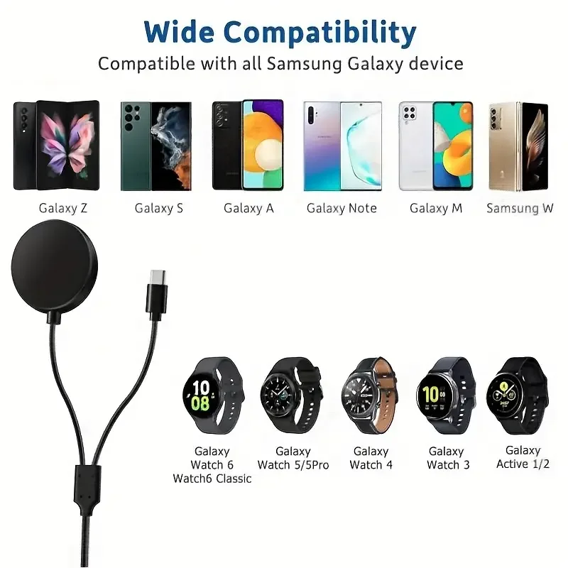 2-in-1 Charger for Samsung Galaxy Watch 7/6/5/5 Pro USB-C Smartwatch and Smartphone Charger Replacement Charging Base Cable