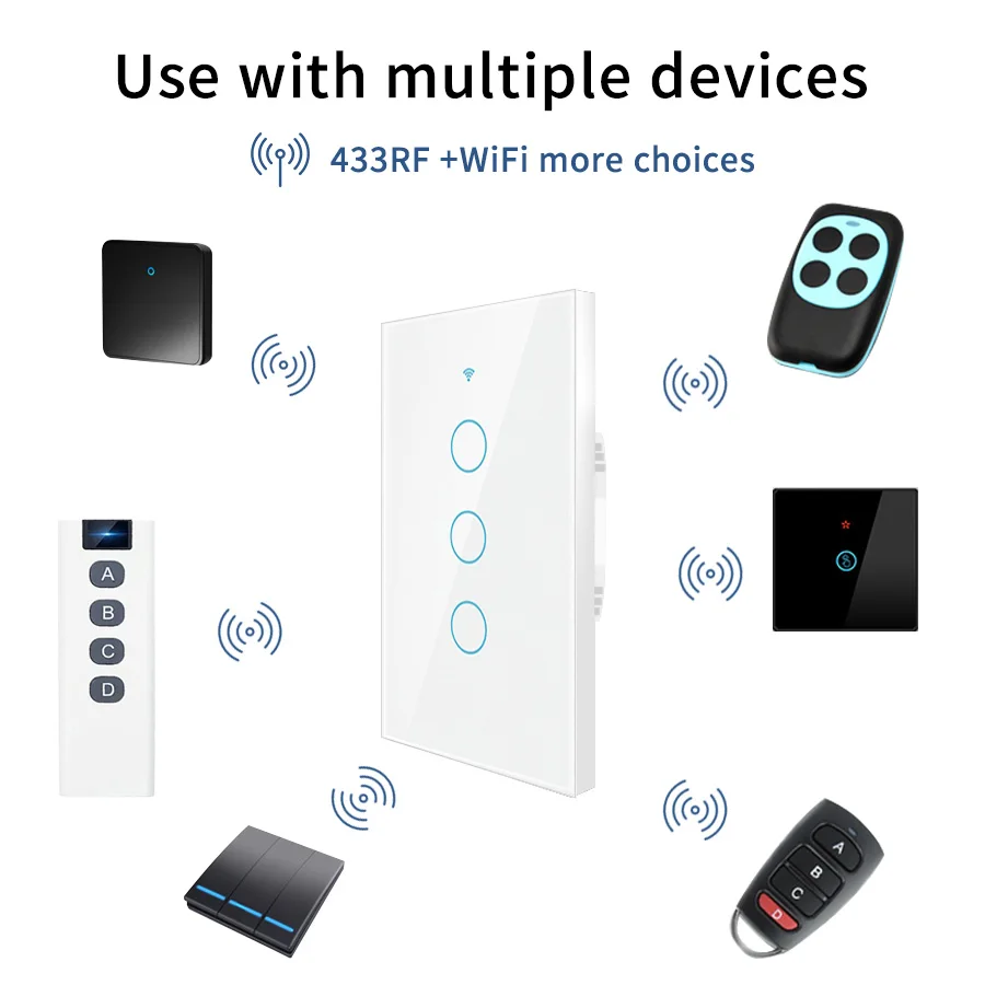 US WiFi Smart Wall Switch Touch Sensor LED Light Switches RF433 1/2/3/4 Gang Works with Tuya Smart Home APP Alexa Google Home