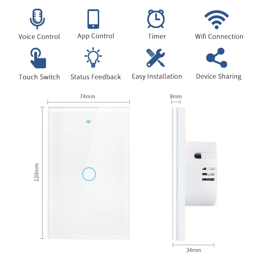 US WiFi Smart Wall Switch Touch Sensor LED Light Switches RF433 1/2/3/4 Gang Works with Tuya Smart Home APP Alexa Google Home