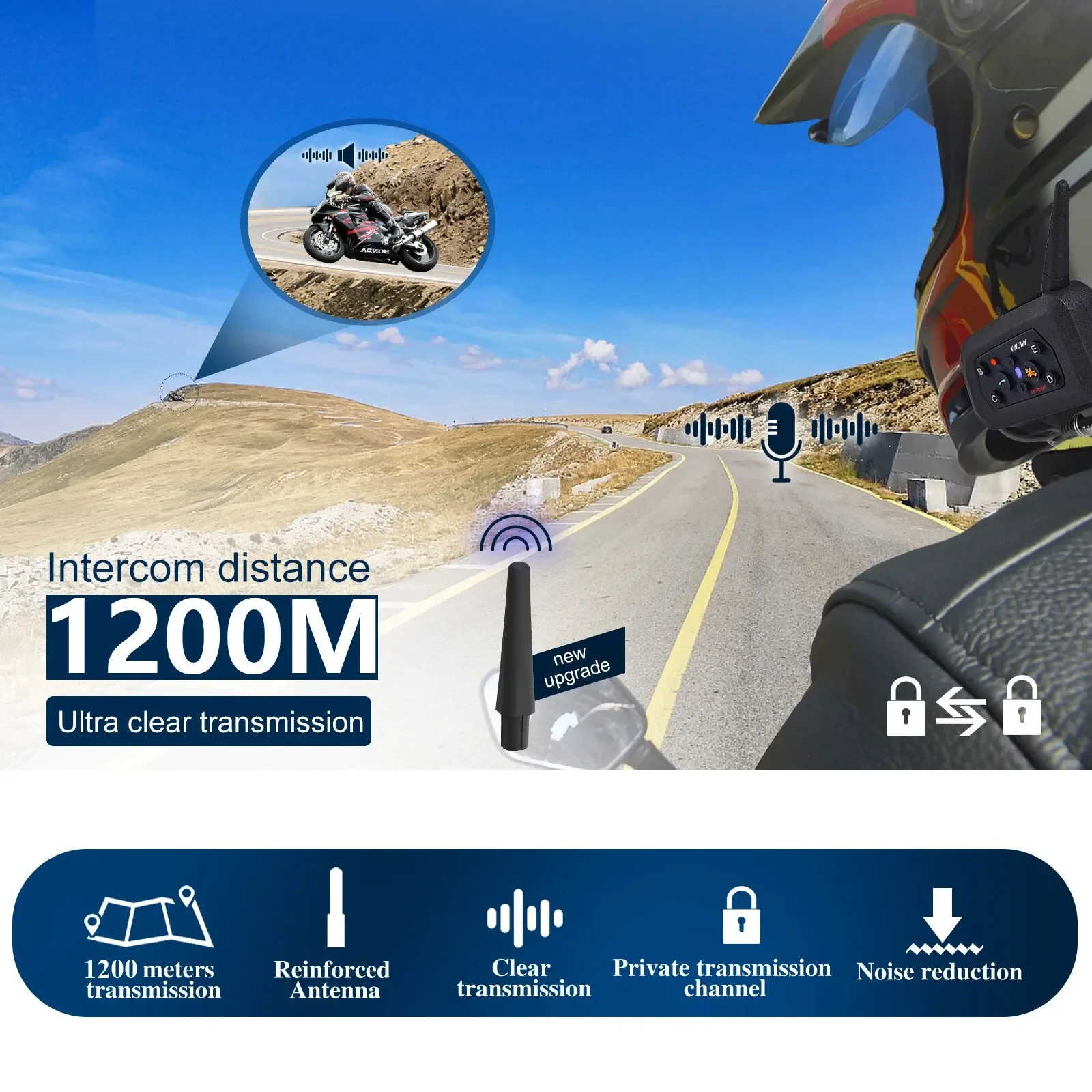 XiNowy V6 Plus Motorcycle Helmet Bluetooth Headset IP65 Waterproof 2 Intercom Modes Noise Reduction Type-C Multi-group Chat MP3