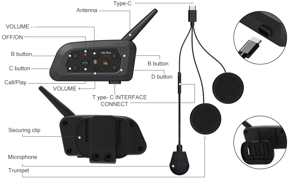 XiNowy V6 Plus Motorcycle Helmet Bluetooth Headset IP65 Waterproof 2 Intercom Modes Noise Reduction Type-C Multi-group Chat MP3