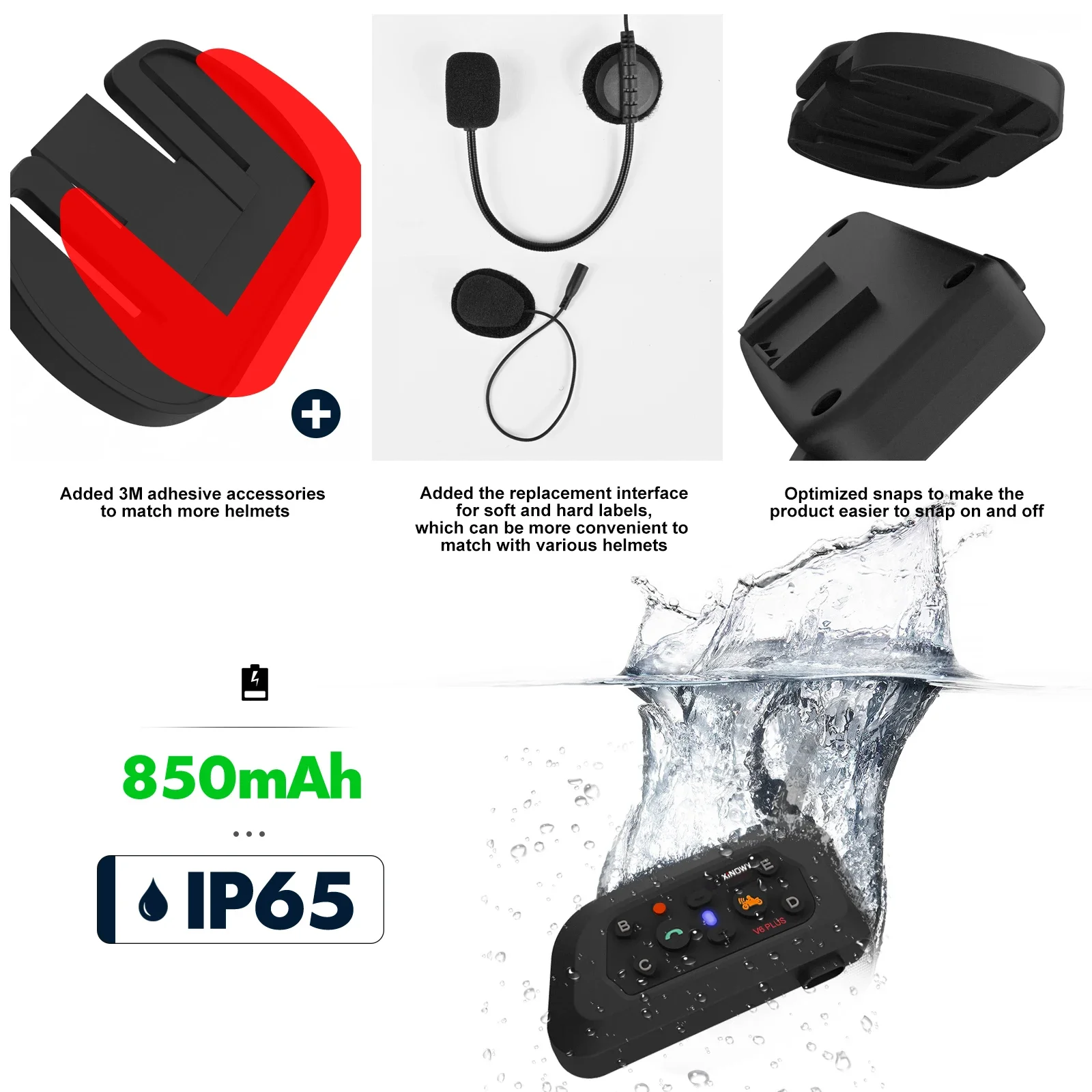 XiNowy V6 Plus Motorcycle Helmet Bluetooth Headset IP65 Waterproof 2 Intercom Modes Noise Reduction Type-C Multi-group Chat MP3