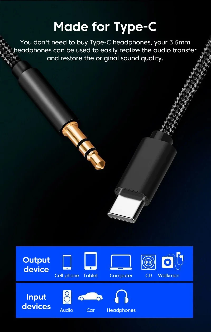 NNBILI Type C To 3.5mm Aux Audio Cable Headset Speaker Headphone Jack Adapter Car Aux for Samsung S25 Note 20 S26 Ultra Tab S7