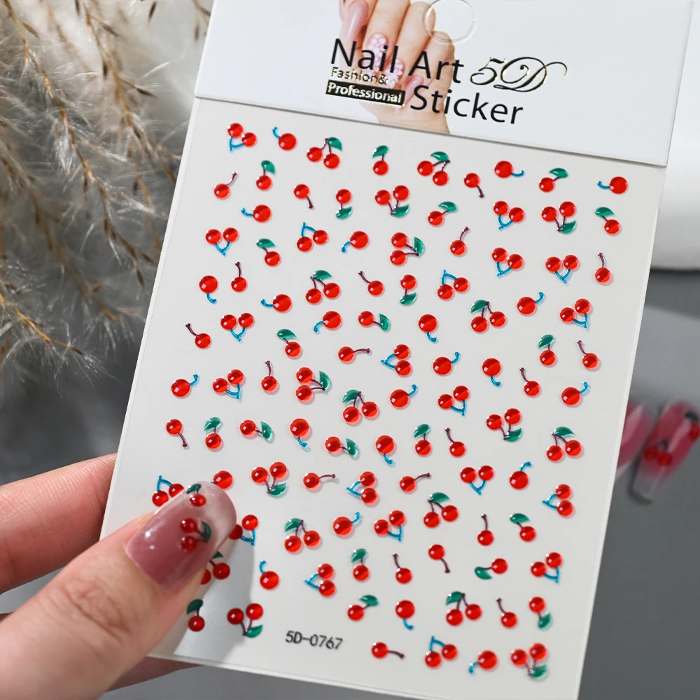 1/2Pcs 5D Red Crystal Cherry Nail Art Stickers Soft Jelly Cherrys Nail Decals Self-Adhesive Fruit Cherry Nail Charms Decoration
