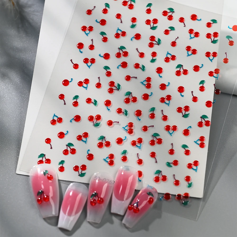 1/2Pcs 5D Red Crystal Cherry Nail Art Stickers Soft Jelly Cherrys Nail Decals Self-Adhesive Fruit Cherry Nail Charms Decoration