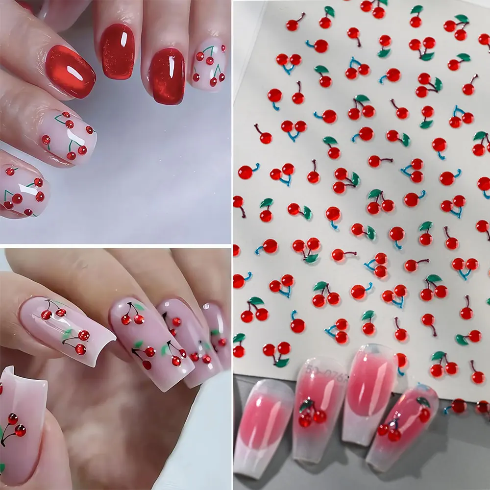 1/2Pcs 5D Red Crystal Cherry Nail Art Stickers Soft Jelly Cherrys Nail Decals Self-Adhesive Fruit Cherry Nail Charms Decoration