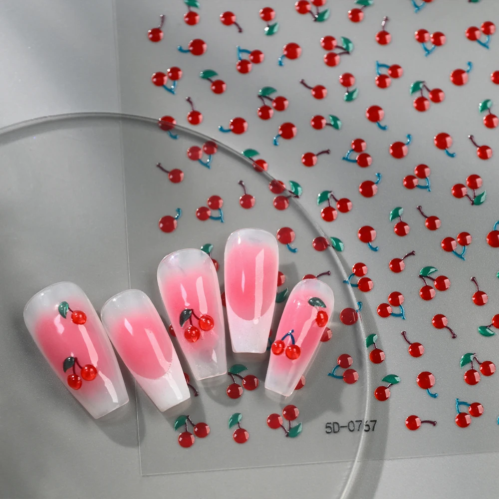 1/2Pcs 5D Red Crystal Cherry Nail Art Stickers Soft Jelly Cherrys Nail Decals Self-Adhesive Fruit Cherry Nail Charms Decoration