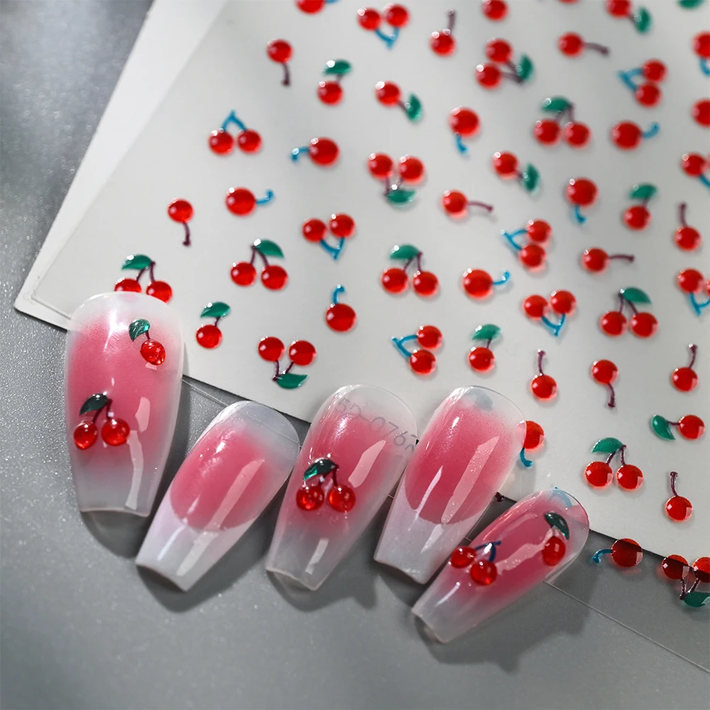 1/2Pcs 5D Red Crystal Cherry Nail Art Stickers Soft Jelly Cherrys Nail Decals Self-Adhesive Fruit Cherry Nail Charms Decoration