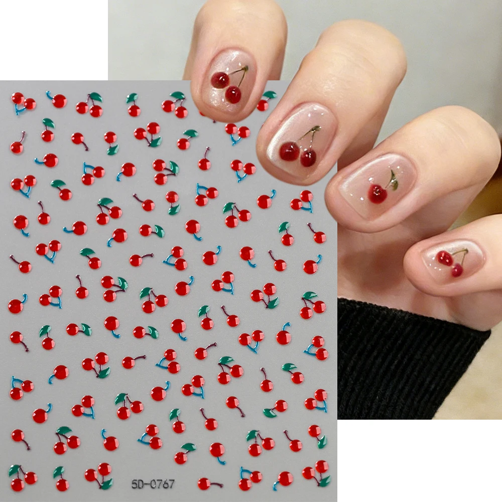 1/2Pcs 5D Red Crystal Cherry Nail Art Stickers Soft Jelly Cherrys Nail Decals Self-Adhesive Fruit Cherry Nail Charms Decoration