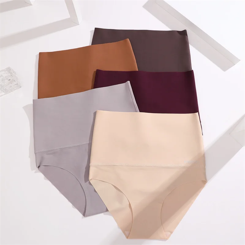 Large Size Women Seamless Panties High Waist Shapewear Elastic Butt Lifter Briefs Solid Ice Silk Breathable Female Underwear