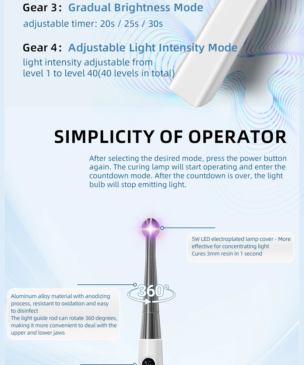 Dental Curing Light Lamp LED 1S Cure 3 Modes Curable Resin One Second Cure Dentistry Equipment Photopolymerizer Lamp 3500mW/cm²