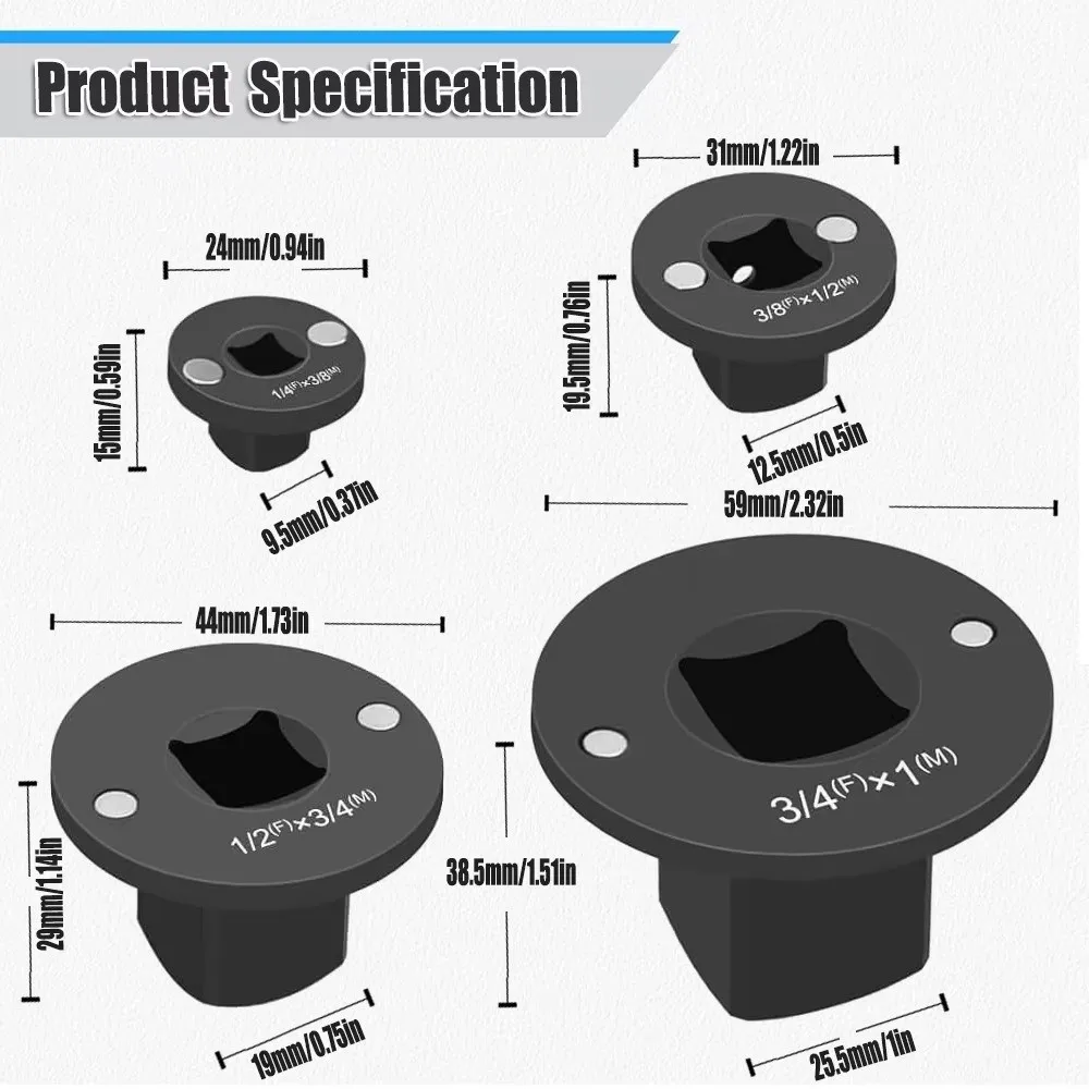 Low-Profile Impact Socket Adapter Set 3/4 to 1,1/2 to 3/4,3/8 to 1/2,1/4 to 3/8 Drive Ratchet Adapter 4 Pcs Socket Adapter Set