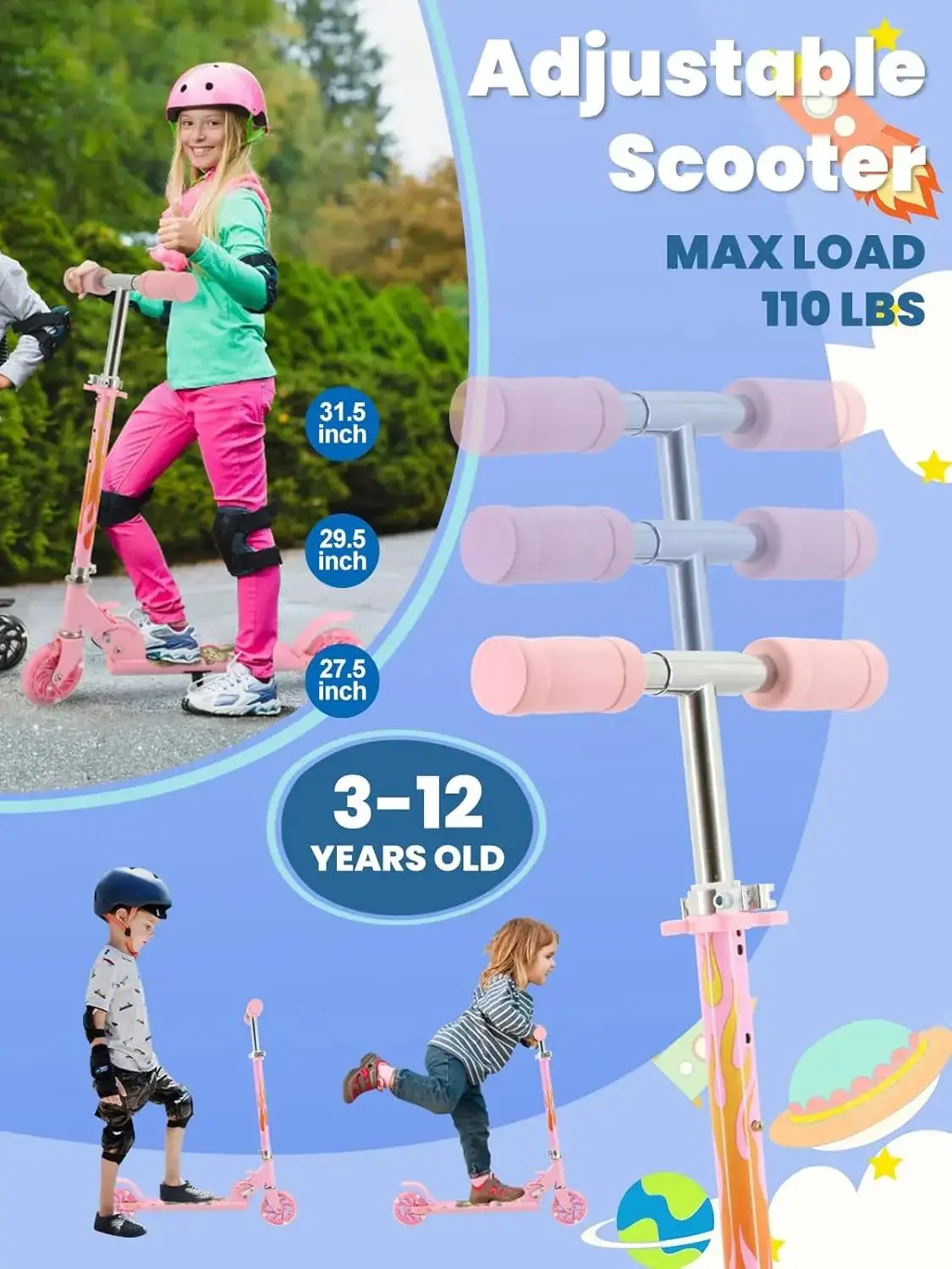 Scooter for Kids Ages 6-12/3-5,Foldable& Height Adjustable,LED Light-up wheels,Max Load 50Kg