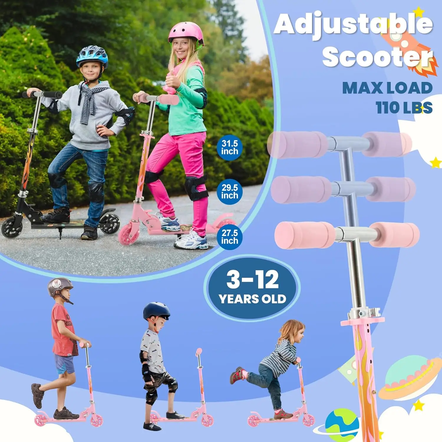 Scooter for Kids Ages 6-12/3-5,Foldable& Height Adjustable,LED Light-up wheels,Max Load 50Kg