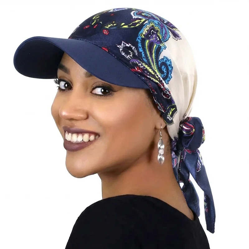 New Women Fashion Printed Satin Headscarf Hat with Brim Sun Hats Summer Soft Breathable Headscarf Caps Baseball Cap