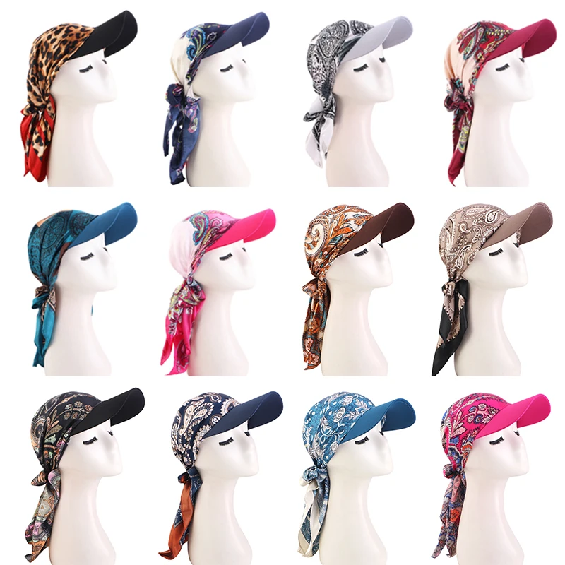 New Women Fashion Printed Satin Headscarf Hat with Brim Sun Hats Summer Soft Breathable Headscarf Caps Baseball Cap