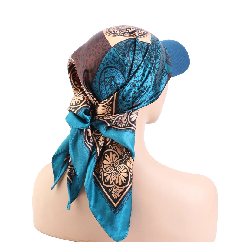 New Women Fashion Printed Satin Headscarf Hat with Brim Sun Hats Summer Soft Breathable Headscarf Caps Baseball Cap