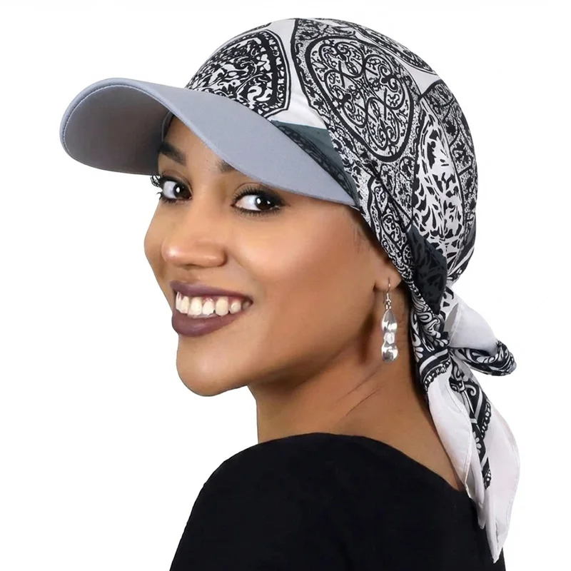 New Women Fashion Printed Satin Headscarf Hat with Brim Sun Hats Summer Soft Breathable Headscarf Caps Baseball Cap