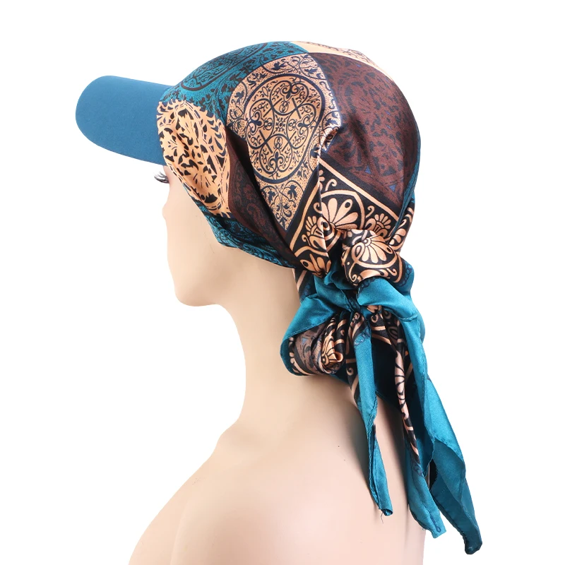 New Women Fashion Printed Satin Headscarf Hat with Brim Sun Hats Summer Soft Breathable Headscarf Caps Baseball Cap