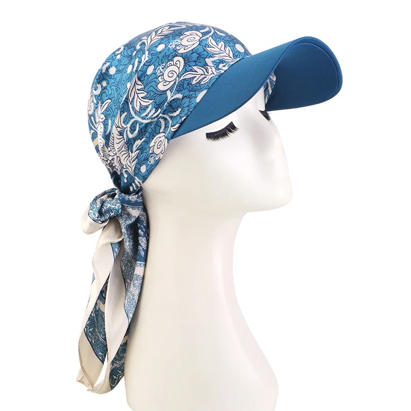 New Women Fashion Printed Satin Headscarf Hat with Brim Sun Hats Summer Soft Breathable Headscarf Caps Baseball Cap