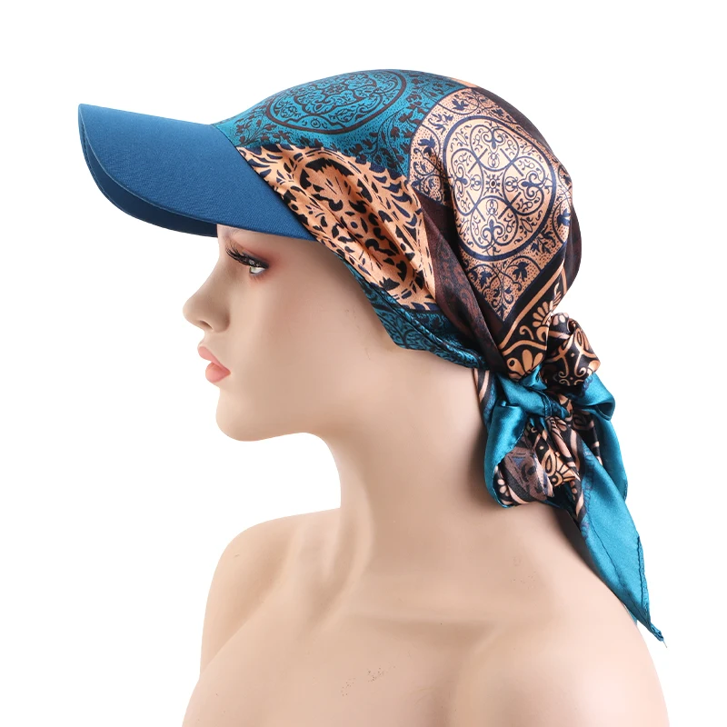 New Women Fashion Printed Satin Headscarf Hat with Brim Sun Hats Summer Soft Breathable Headscarf Caps Baseball Cap