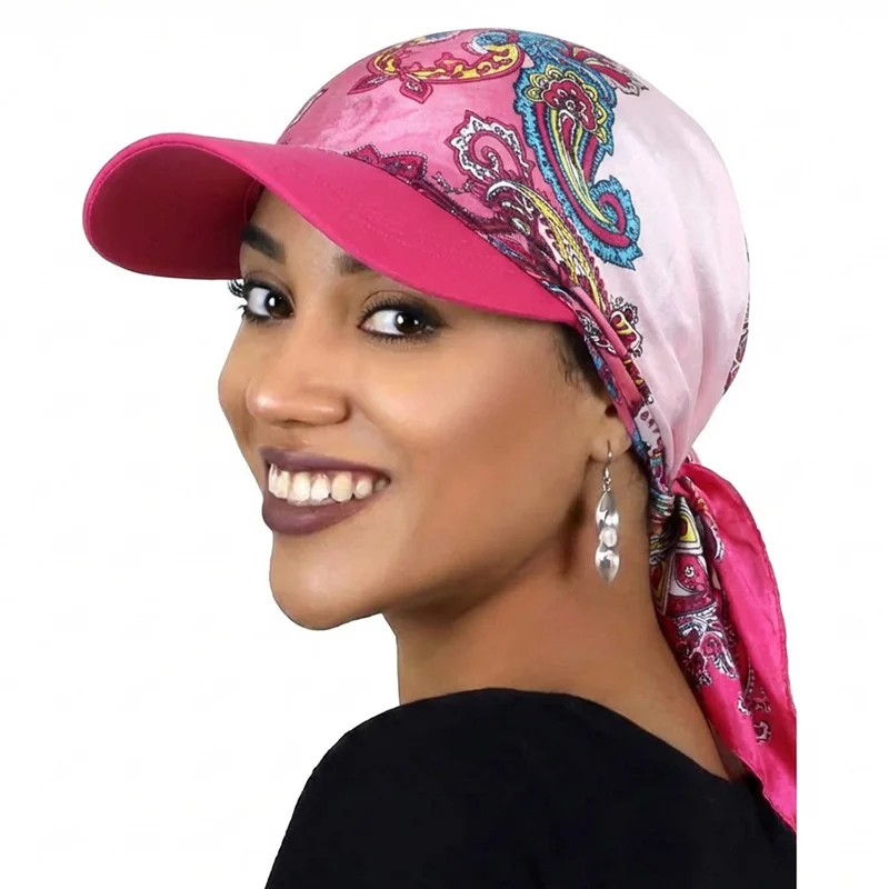 New Women Fashion Printed Satin Headscarf Hat with Brim Sun Hats Summer Soft Breathable Headscarf Caps Baseball Cap