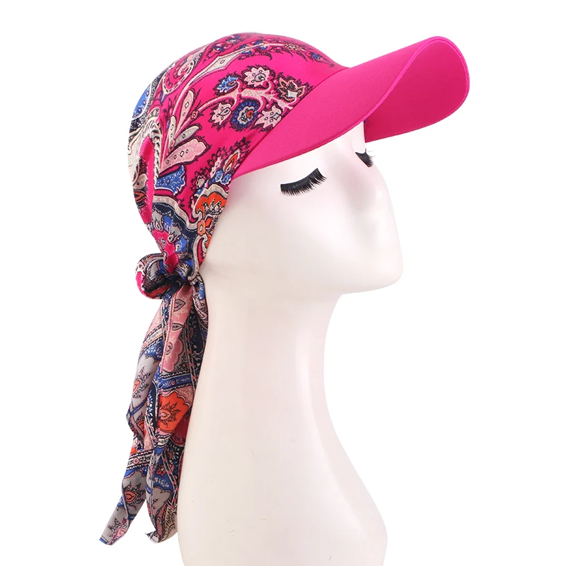 New Women Fashion Printed Satin Headscarf Hat with Brim Sun Hats Summer Soft Breathable Headscarf Caps Baseball Cap